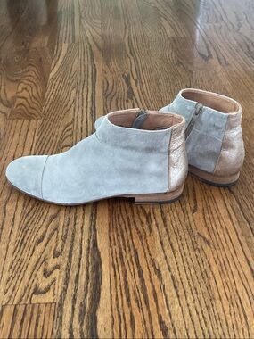 NOW Taupe Flat Suede Ankle Boots Distressed Gold Leather Heel